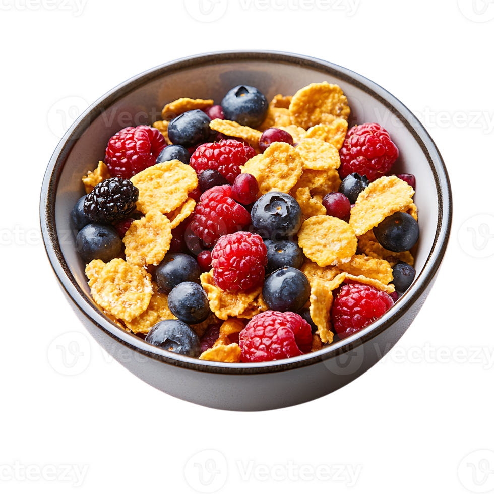 A bowl of cereal with berries and blueberries over transparent background png