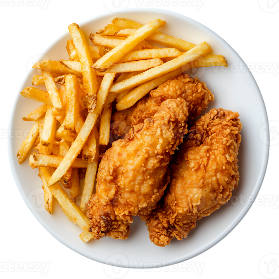 A plate of fried chicken and french fries on over transparent background png