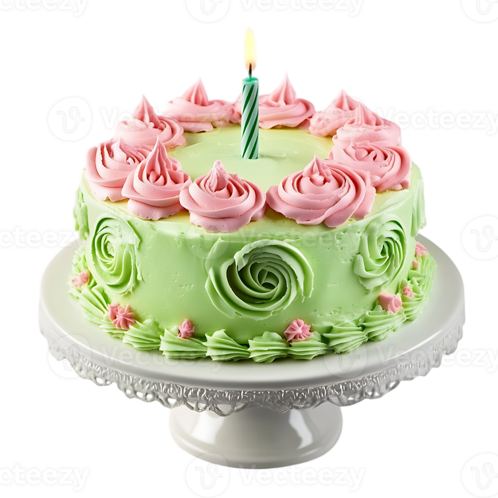 A green cake with pink frosting and a candle transparent background png