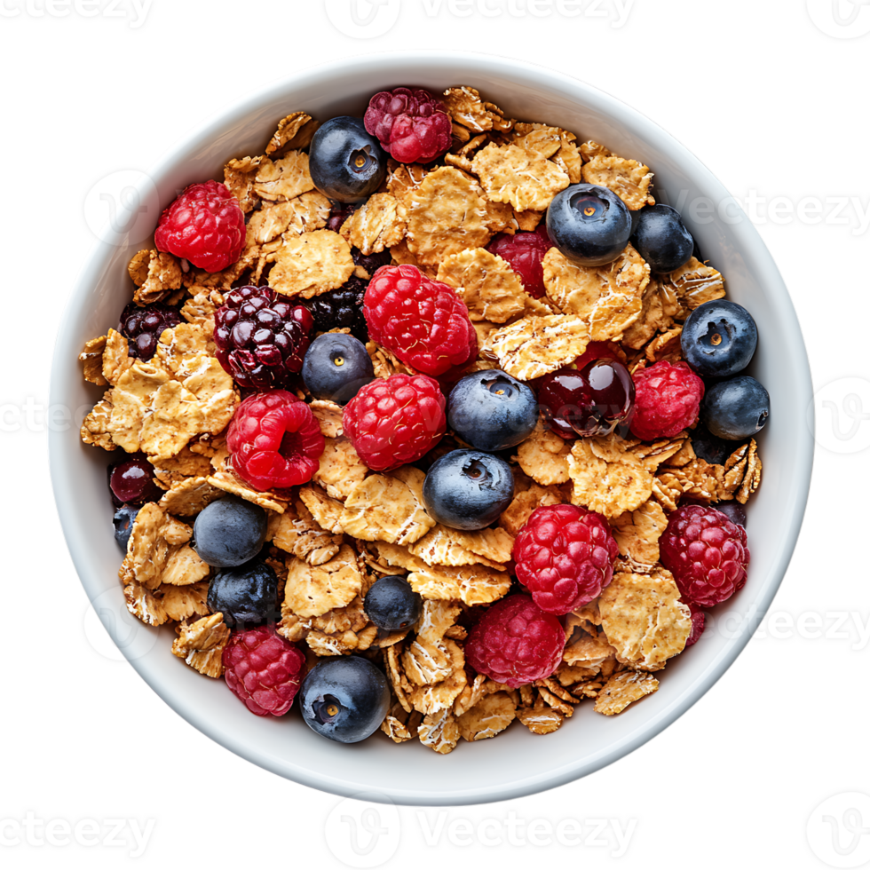 A bowl of cereal with berries and raspberries on over transparent background png