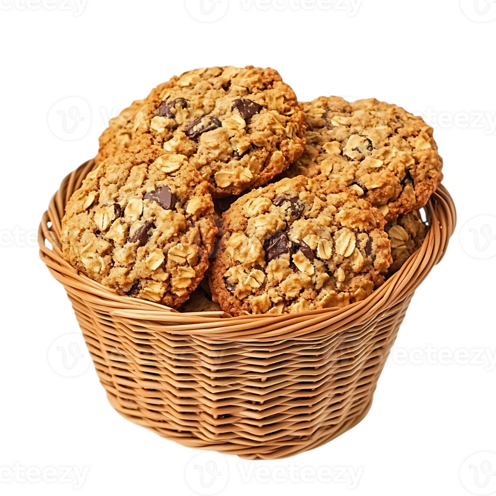 Chocolate chip cookies in a basket on a transparent background png