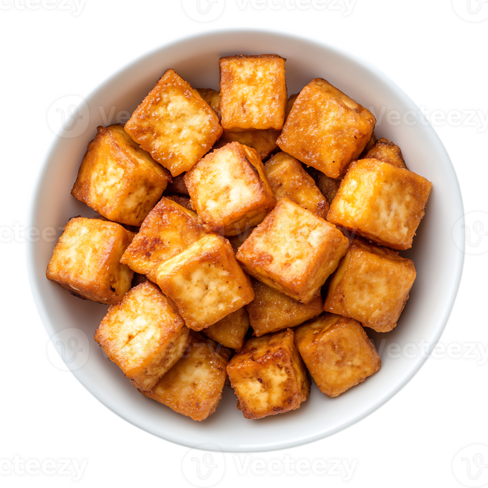 A bowl of fried tofu cubes on a transparent background png