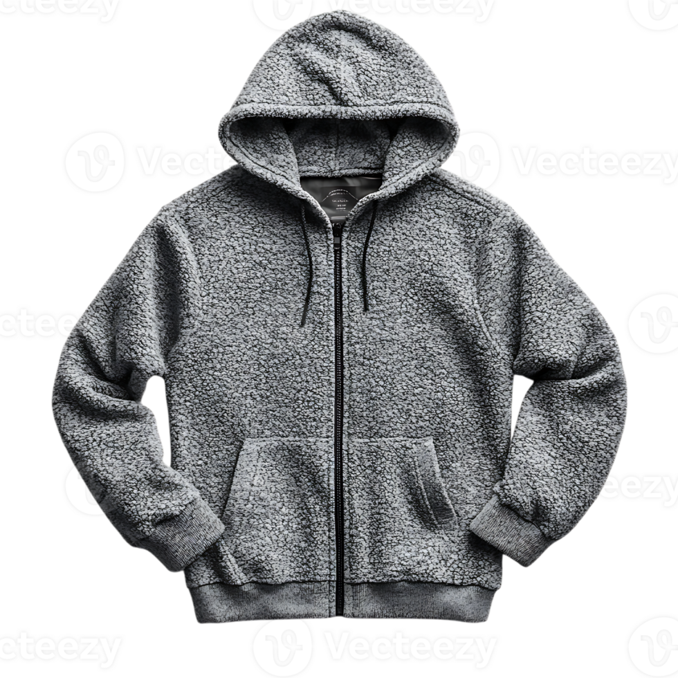 A grey hoodie with a zipper on the front on over transparent background png