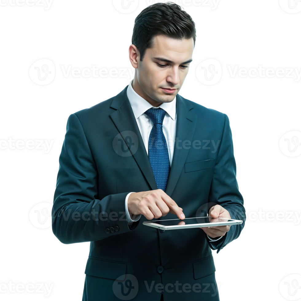 Businessman in a suit using a tablet png