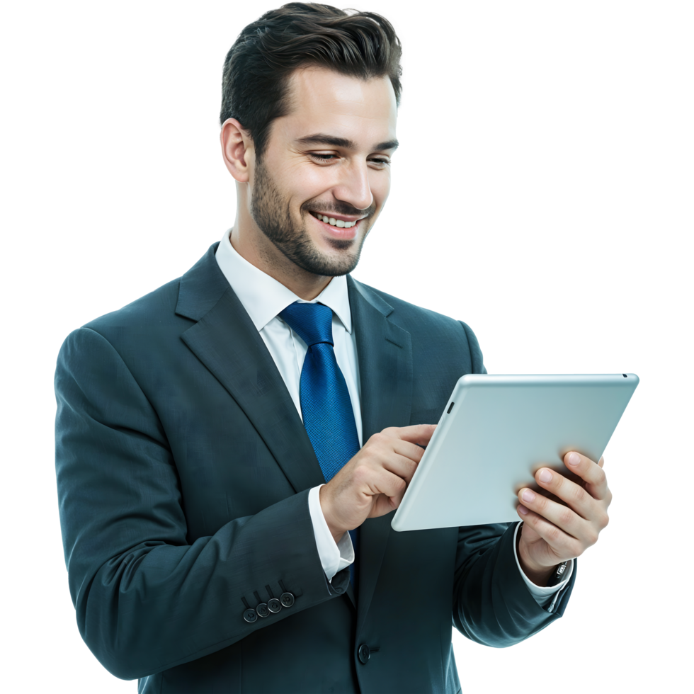 Smiling businessman using a digital tablet in a modern office setting png