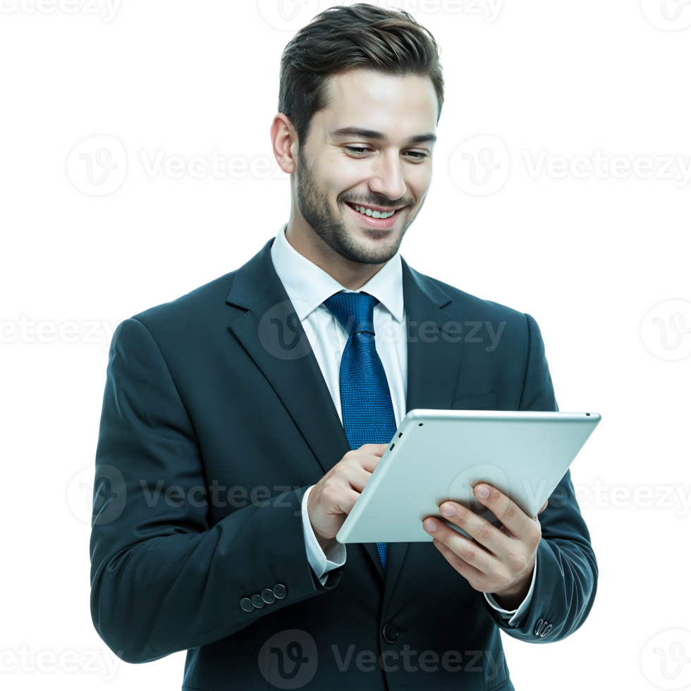 Smiling businessman using a tablet png