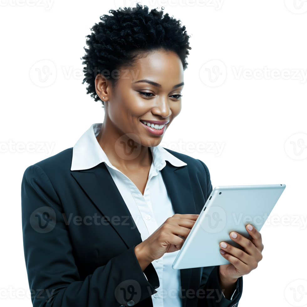 Happy African American Businesswoman Working on Tablet png