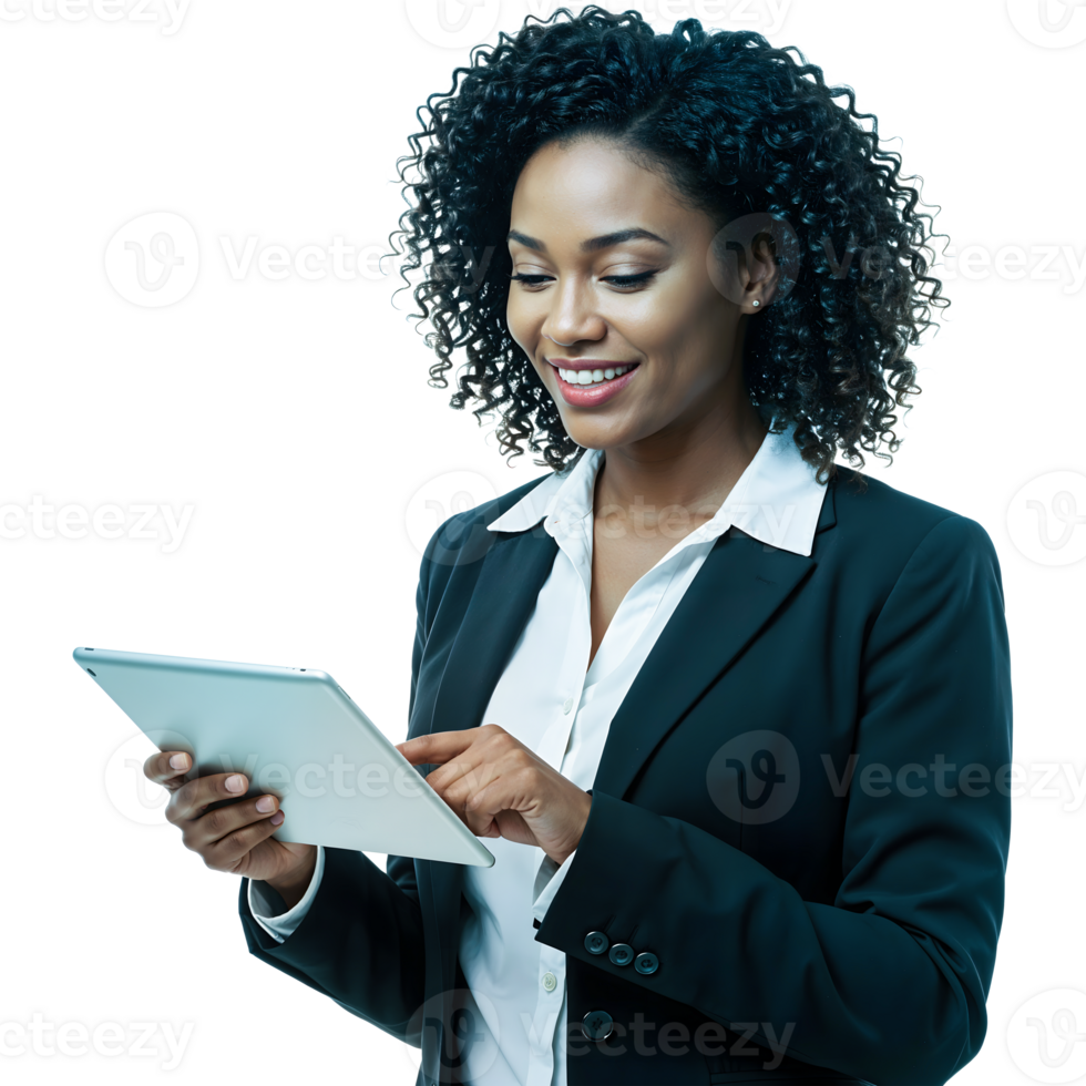 Happy businesswoman in suit using tablet png