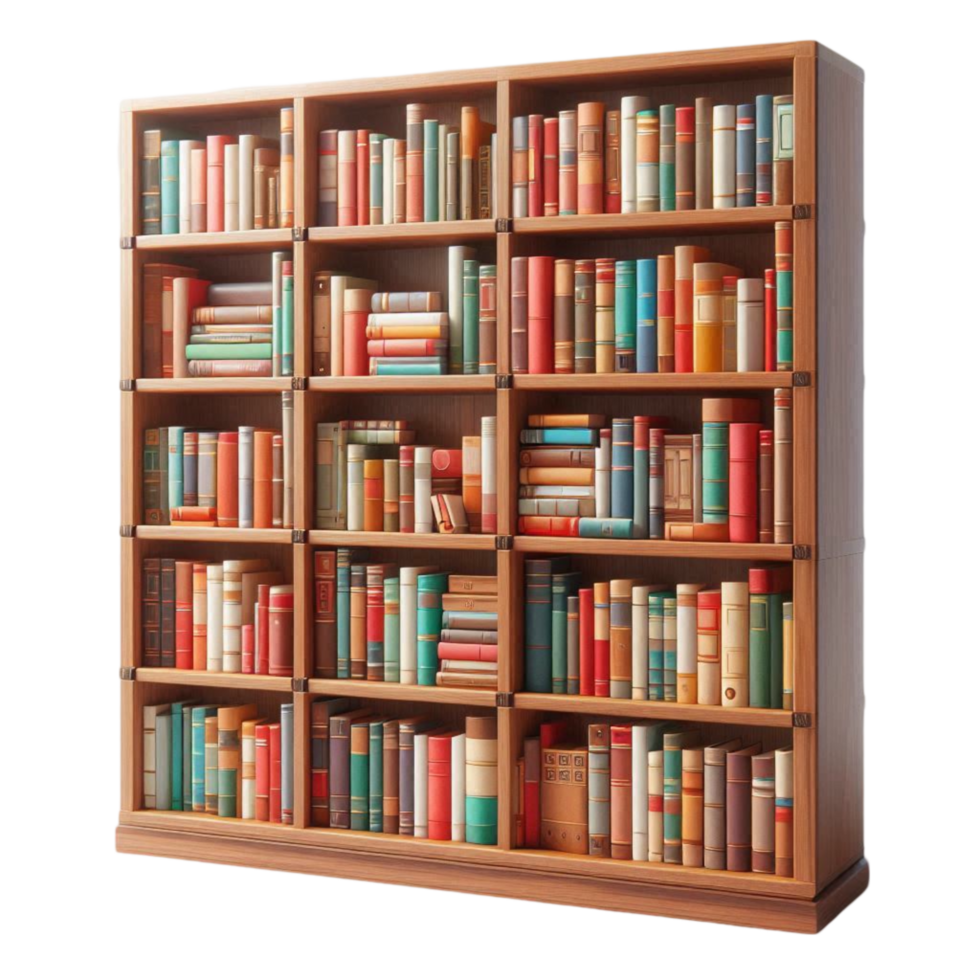Classic Wooden Bookshelf Packed with Books png