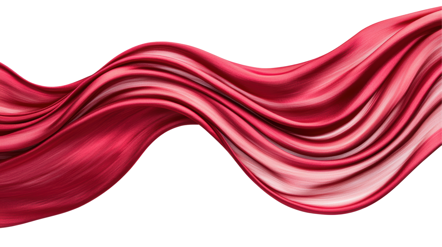 Flowing red silk fabric with elegant waves, creating a smooth and luxurious texture. The silky material showcases a dynamic movement with rich color and soft folds. Isolated on transparent background. png