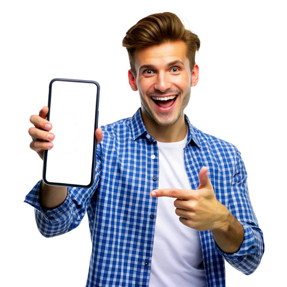 happy man holding a blank phone screen and pointing at it png