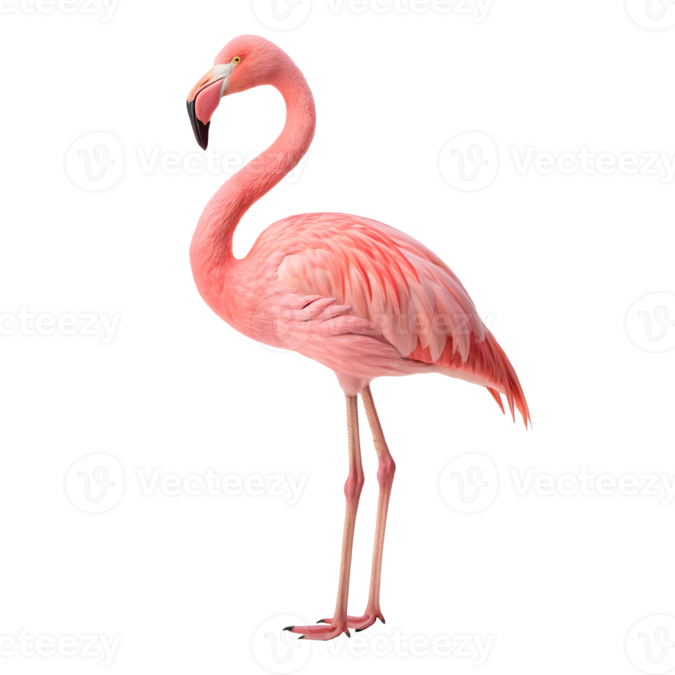 A pink flamingo stands gracefully on one leg against a transparent background png