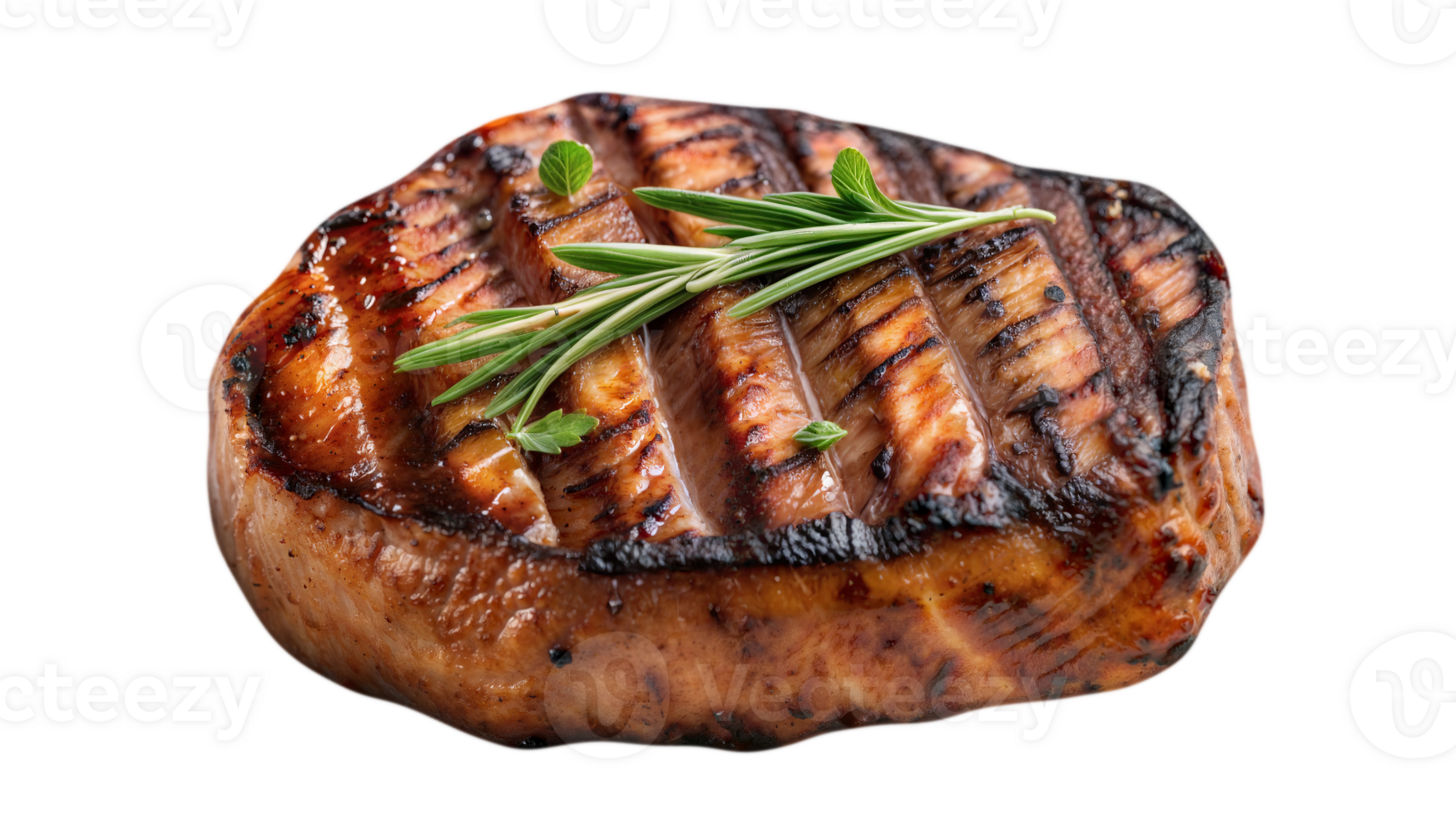 A grilled steak with rosemary on a clean transparent background png