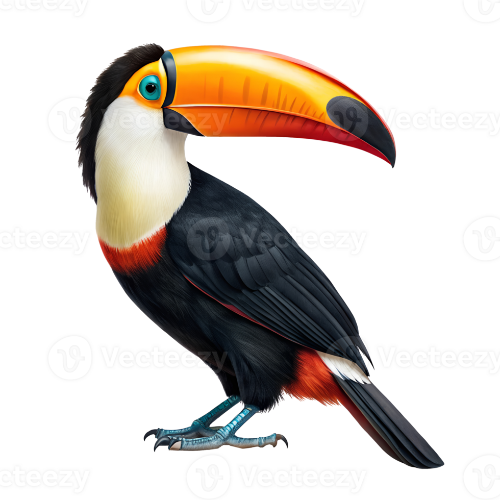 A toucan with a large beak stands elegantly on a transparent background png