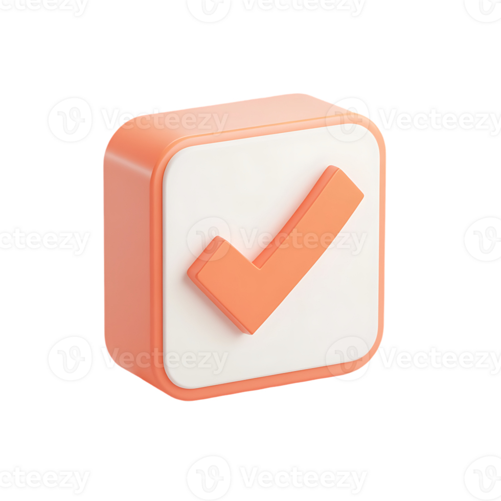 3D orange checkmark icon with a bold modern design on a square button with rounded edges, isolated on transparent background png