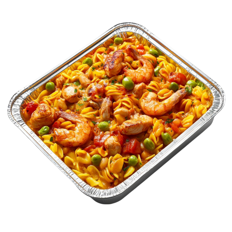 A container of pasta with shrimp and vegetables png
