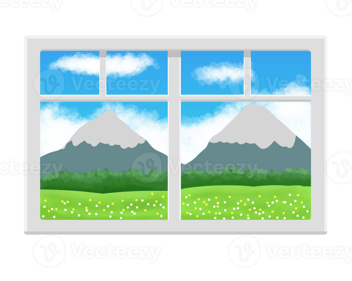 window view of mountains and flowers png