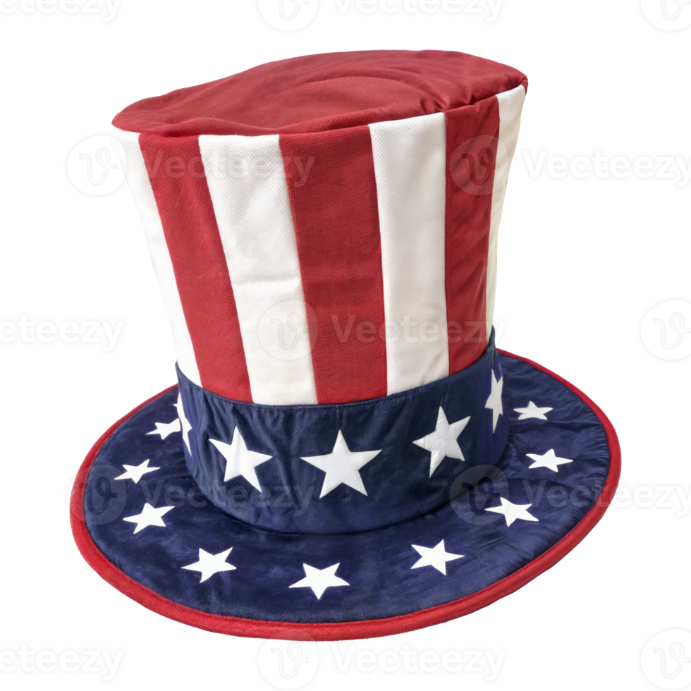 An eyecatching red, white, and blue top hat adorned with stars on it png