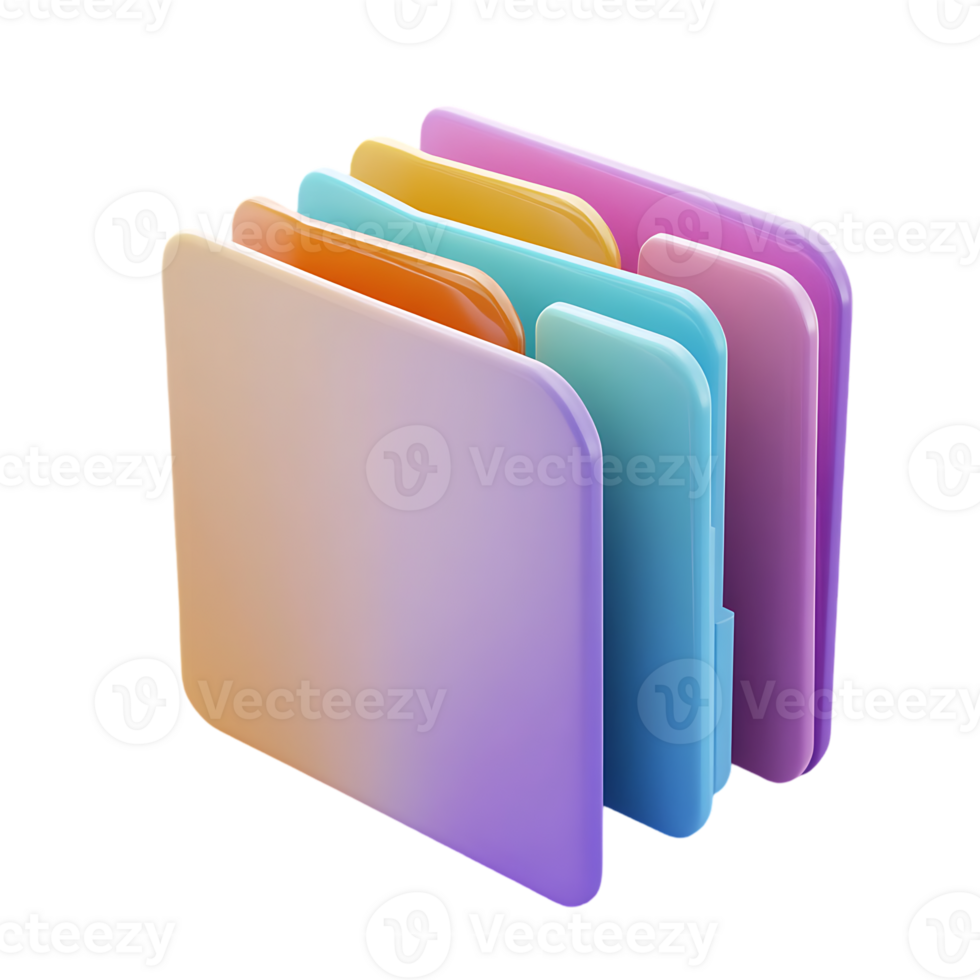 3D illustration of multicolored file folders arranged in layers with a gradient effect isolated on transparent background png