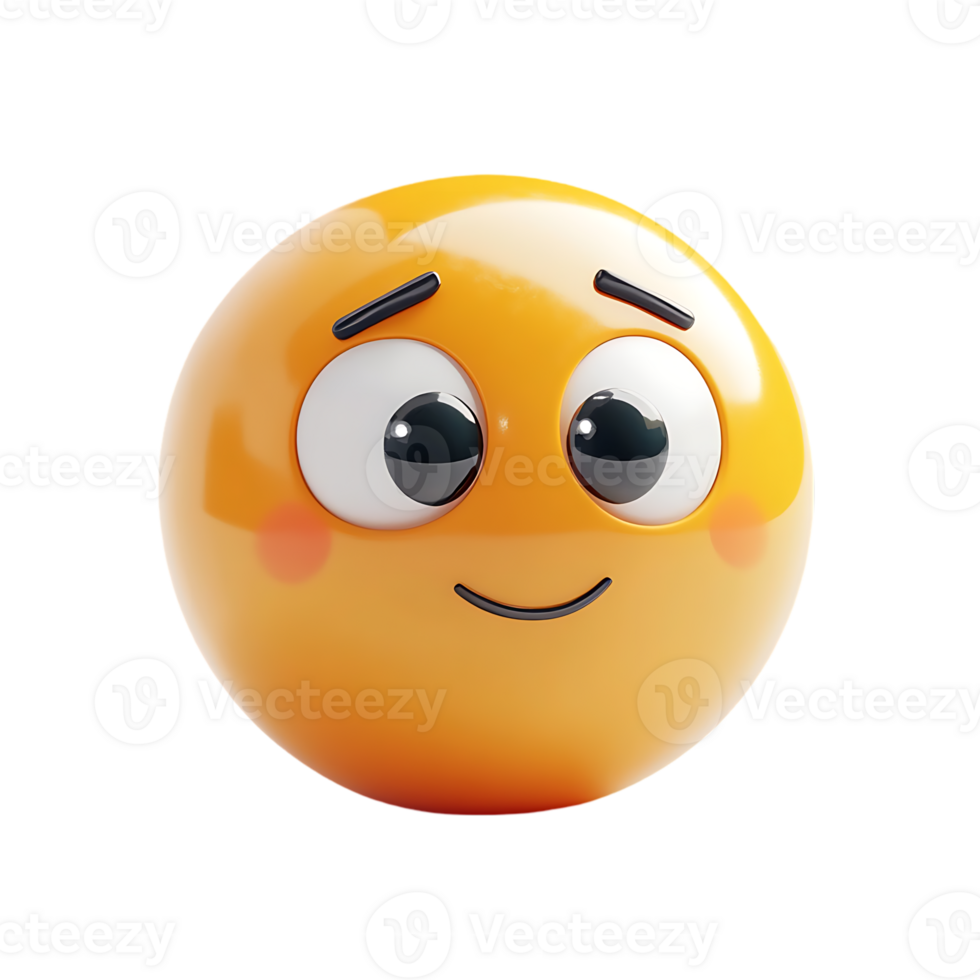 3D illustration of a shy yellow emoji with glossy texture, raised eyebrows, and a subtle smile, isolated on transparent background png