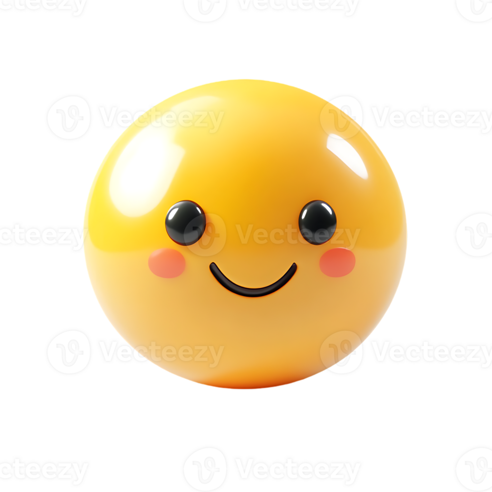 3D rendering of a yellow glossy emoji with a cheerful smile, round black eyes, isolated on transparent background png