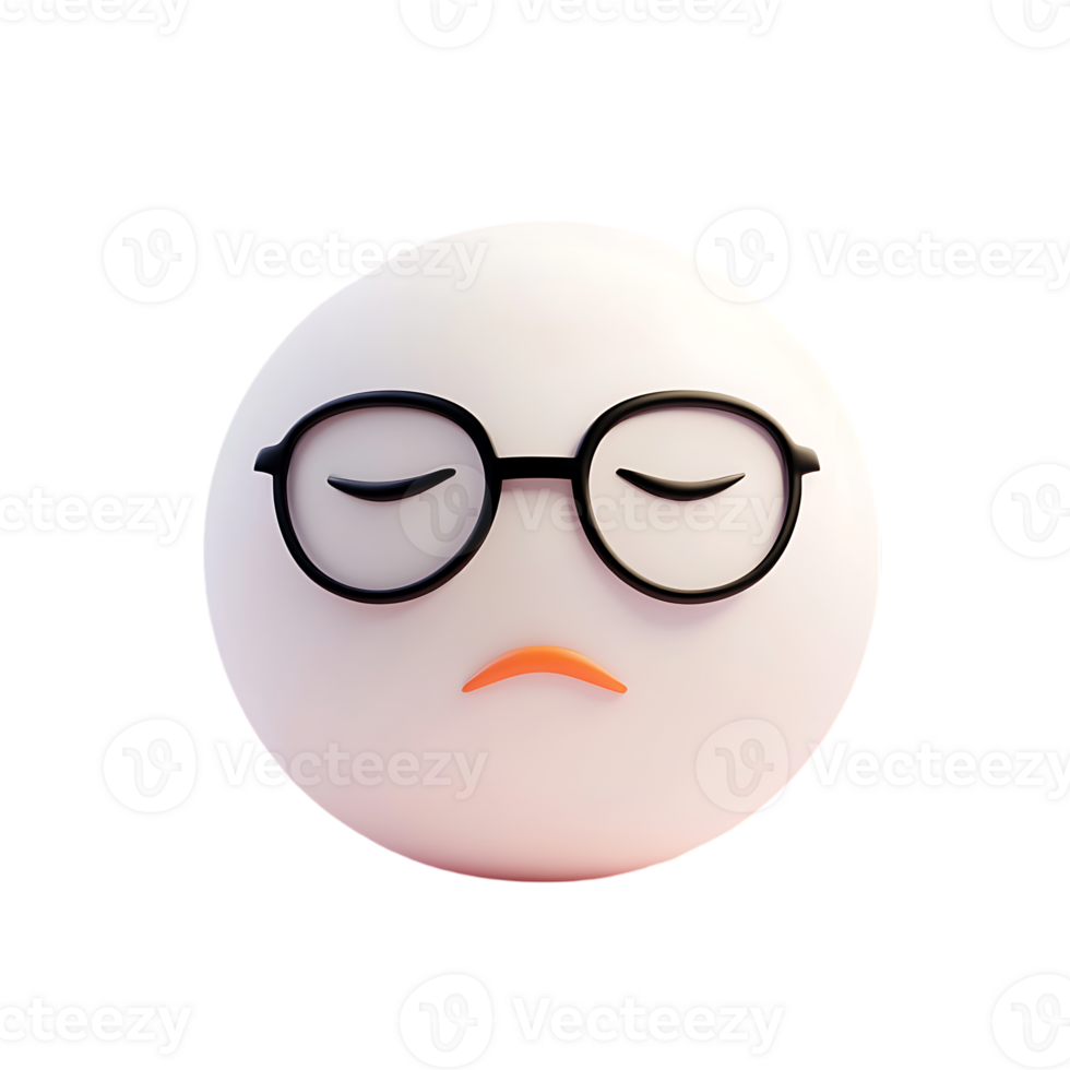 Tired white emoji with black round glasses and a downturned mouth, eyes closed in exhaustion. Glossy 3D emoticon conveying fatigue on transparent background png