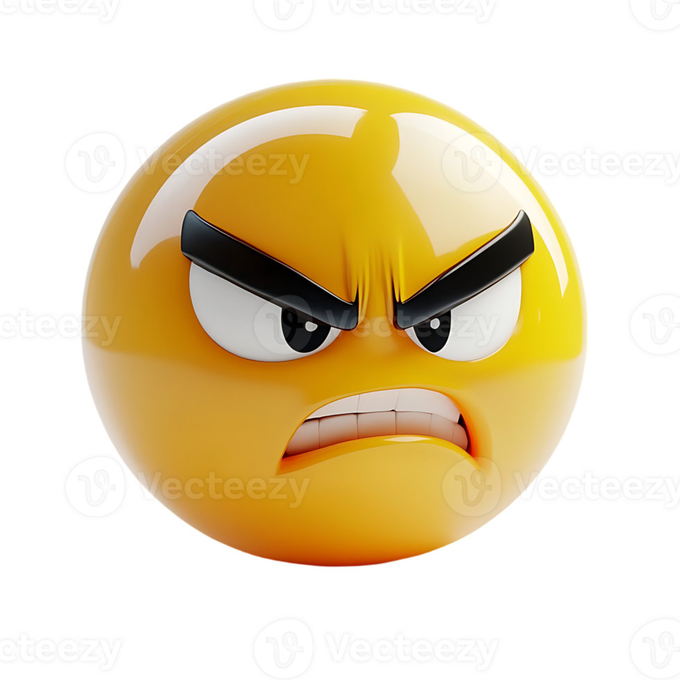A yellow angry emoji with black eyes and mouth. The face is angry and has a frown isolated on transparent background png