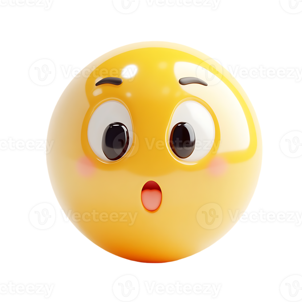 3D rendering of a surprised yellow emoji with big glossy eyes, raised eyebrows, and an open mouth isolated on transparent background png