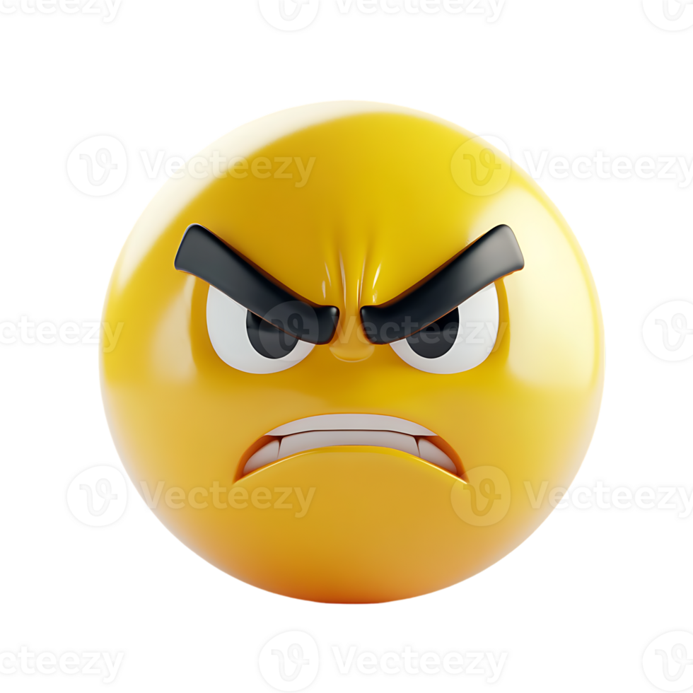 Furious yellow emoji face with exaggerated frown, furrowed brows, and an intense glare, isolated on a transparent background png
