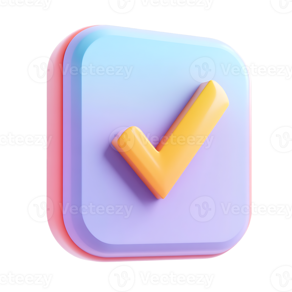 3D checkmark icon with a bold modern design on a square button with rounded edges, isolated on transparent background png