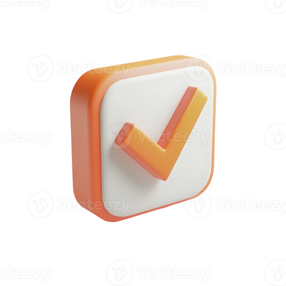 3D orange checkmark icon on a white rounded square button with a smooth glossy finish, isolated on transparent background png