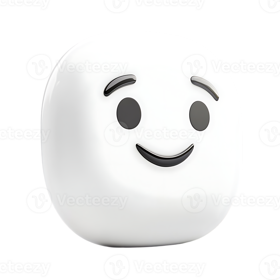 3D white smiling emoji face with round black eyes and raised eyebrows, expressing happiness, friendliness, and positivity on a transparent background. png