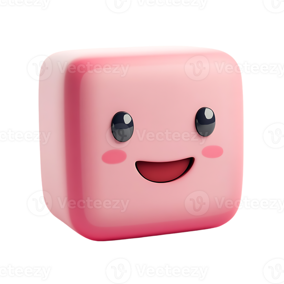Cute pink 3D cube character with a smiling face, large glossy black eyes, and rosy cheeks. isolated on transparent background png
