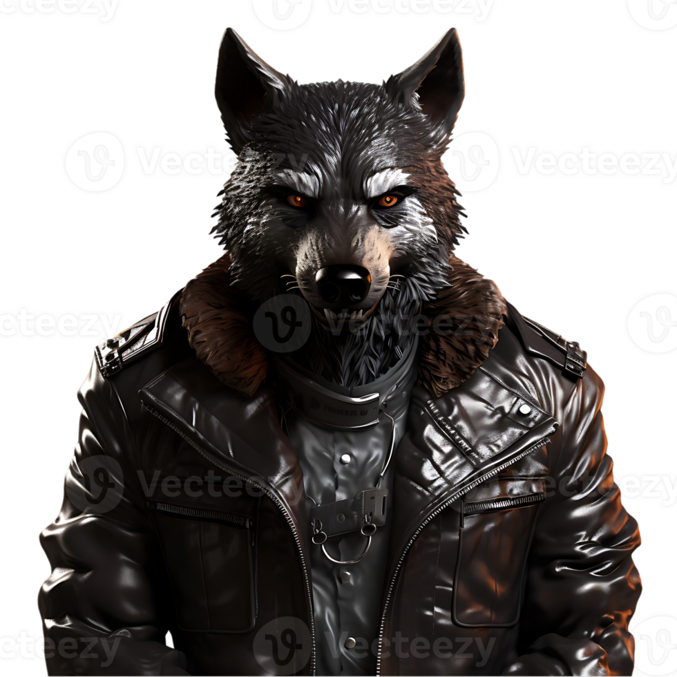 A man wearing a leather jacket and a wolf mask isolated on transparent background png