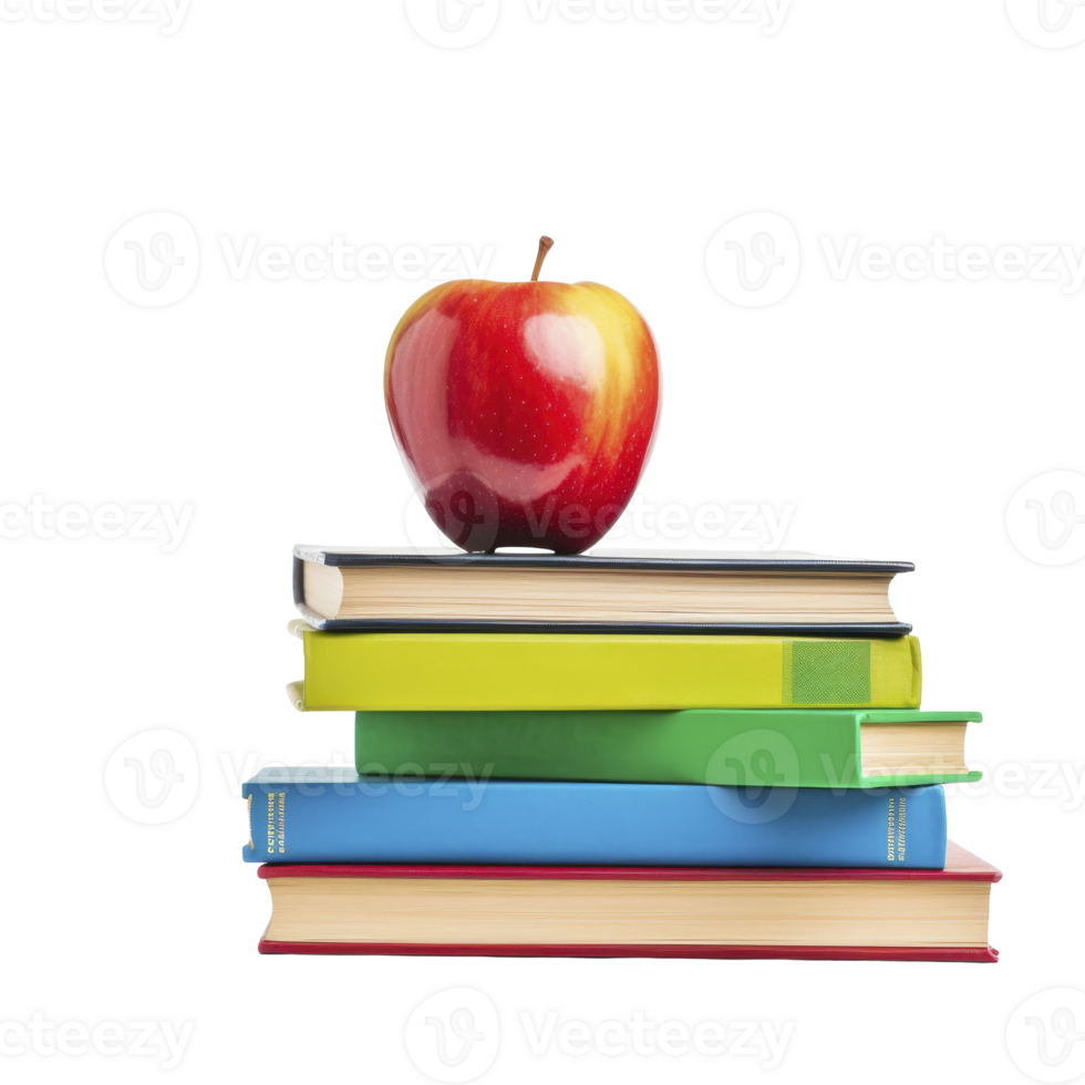 stack of books with a green apple on top isolated on transparent background png