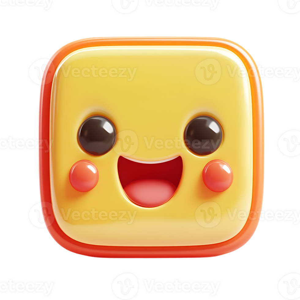 Bright yellow 3D cube character with an expressive happy face, large glossy eyes isolated on transparent background png