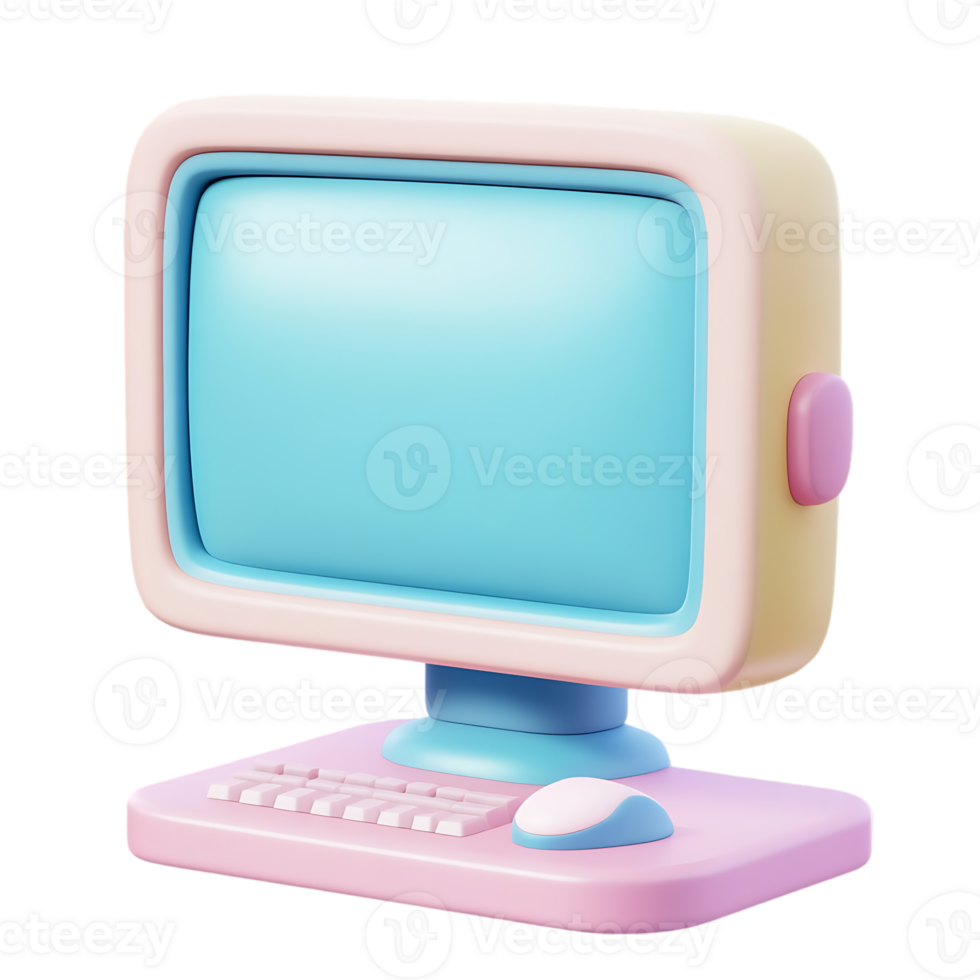 3d computer monitor with a blue screen and a pink and yellow keyboard isolated on transparent background png