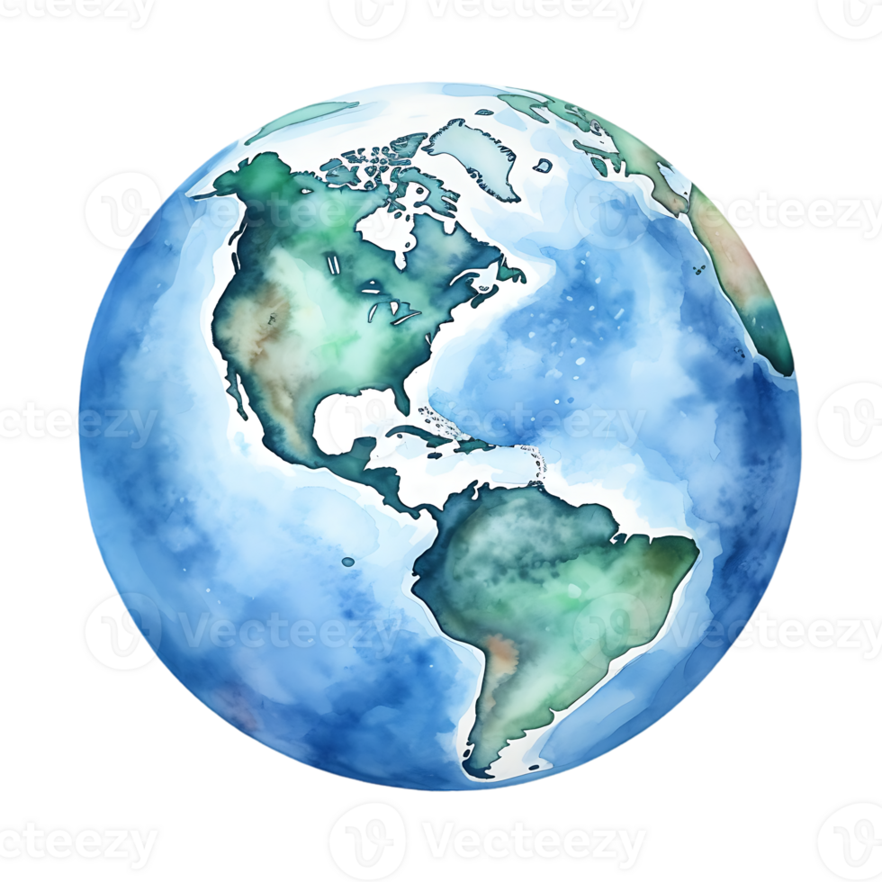 A blue and green painted globe of the earth isolated on transparent background png