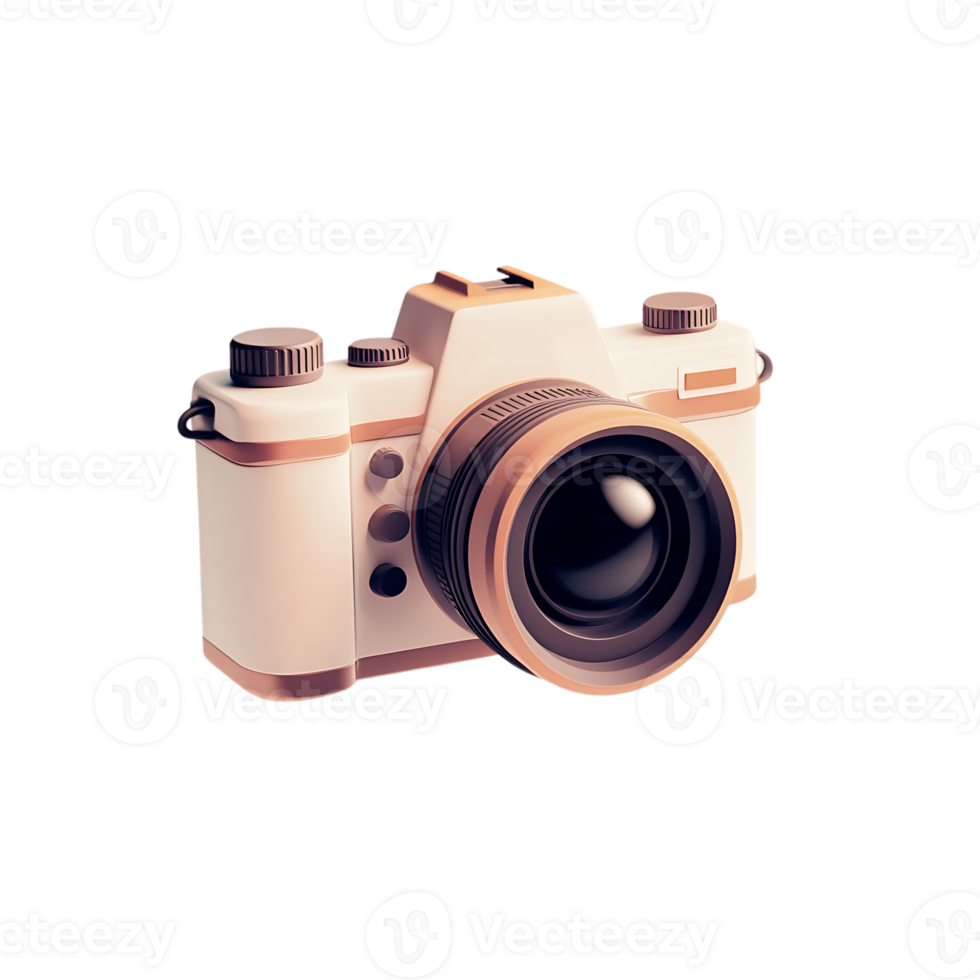 3D camera with a black lens and a white body isolated on transparent background png