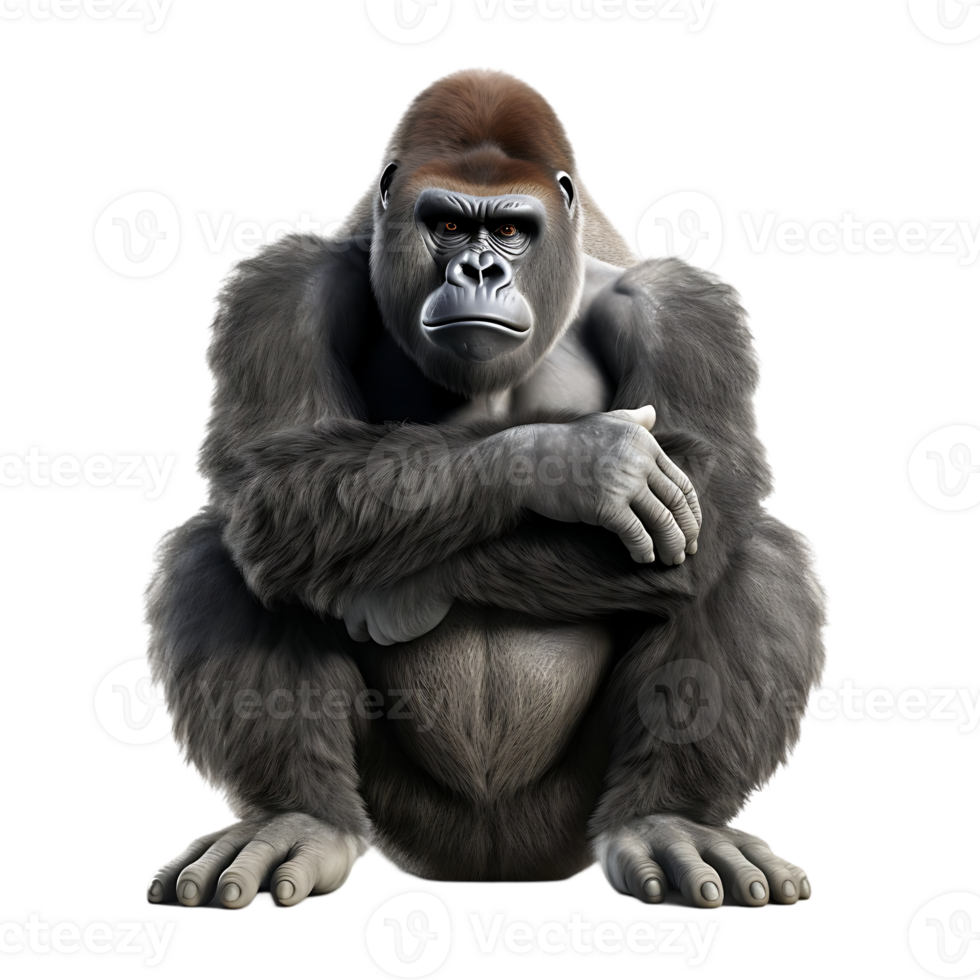 A large gorilla is sitting on its knees with its arms crossed isolated on transparent background png