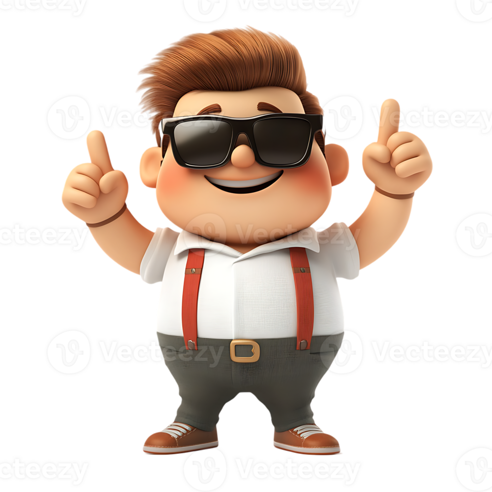 3d cartoon character wearing sunglasses and a white shirt isolated on transparent background png