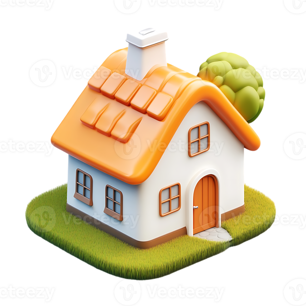 3d house with a green tree in front of it isolated on transparent background png