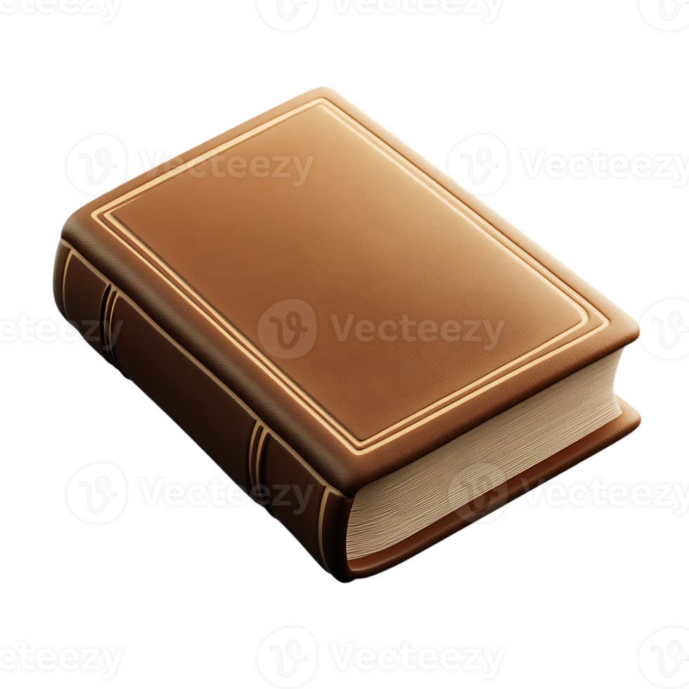 3D book with a brown cover and tan pages isolated on transparent background png