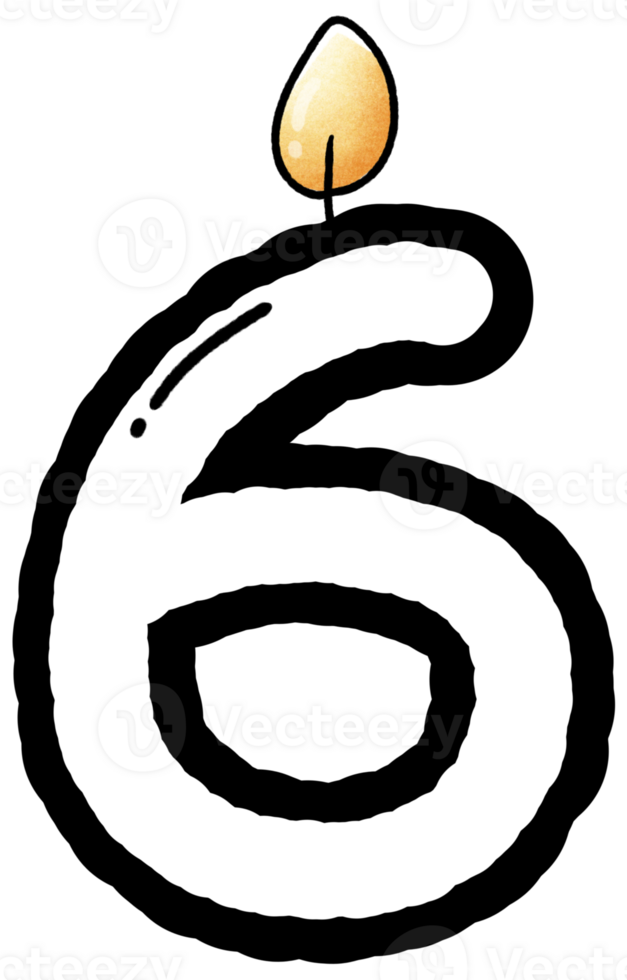 Hand drawn doodle font number 6 with candle pattern, number for worksheet png