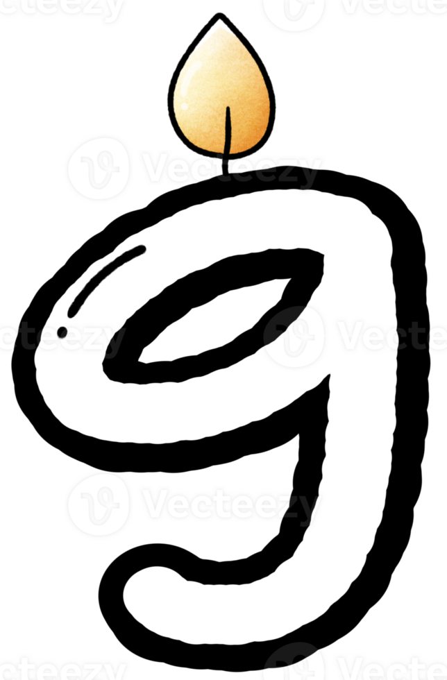 Hand drawn doodle font number 9 with candle pattern, number for worksheet png