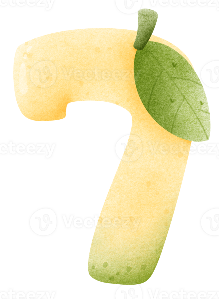 Watercolor cartoon of mango number 7 with leaves, Number hand drawn for kids png