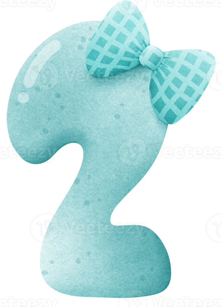 Watercolor cute number 2 with ribbon clip art, number hand drawn for kids png