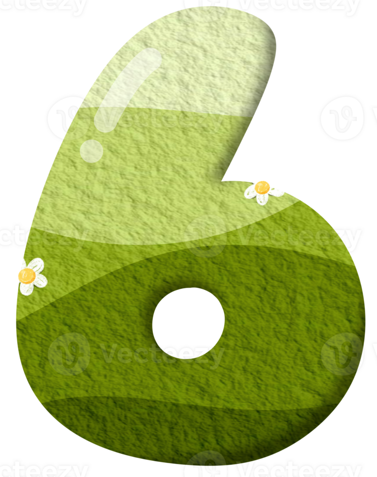 Green gradient of number 6 with flower clip art, number hand drawn png