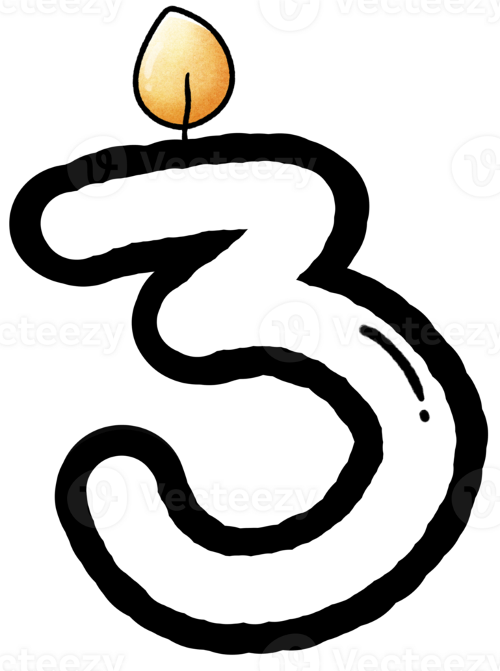 Hand drawn doodle font number 3 with candle pattern, number for worksheet png