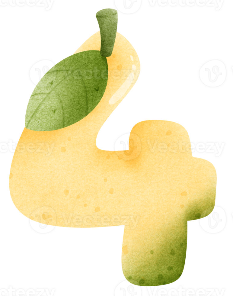 Watercolor cartoon of mango number 4 with leaves, Number hand drawn for kids png